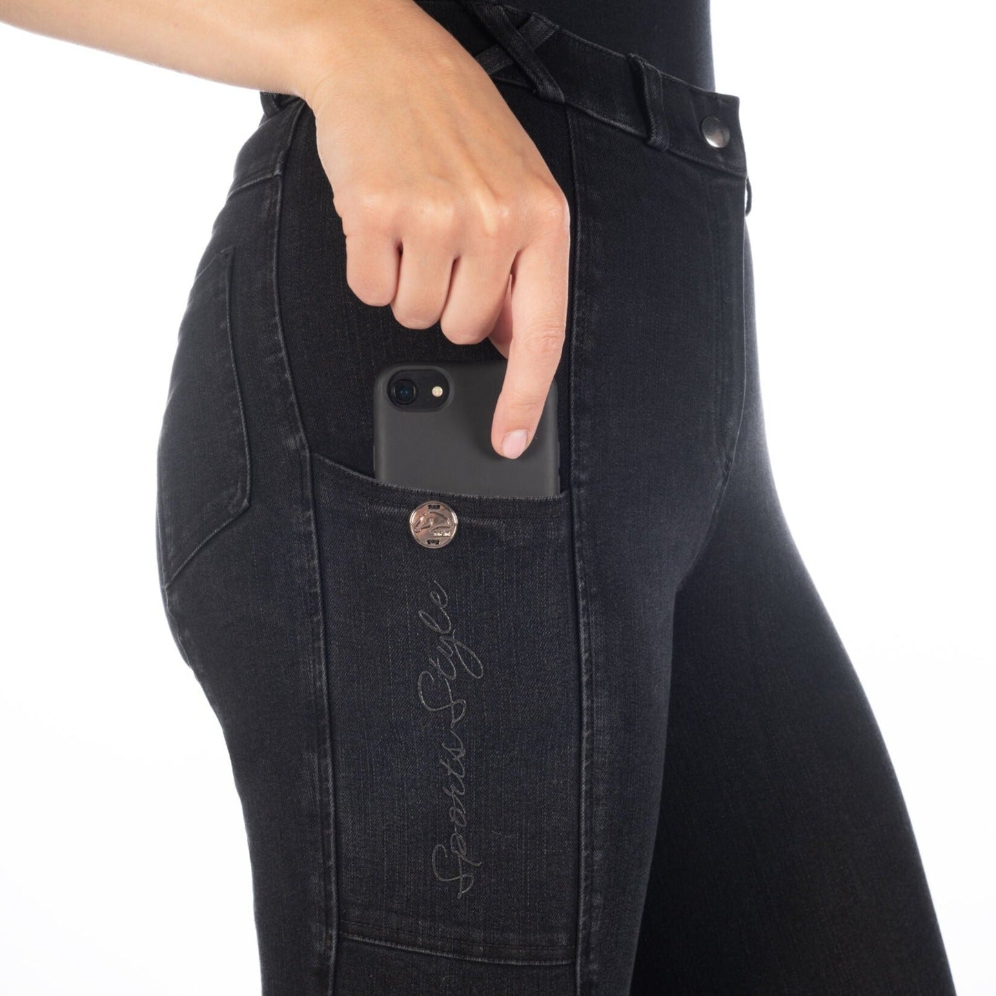 HKM Ladies Knee Patch Riding Breeches -Harbour Island Denim- Comfortable Fit