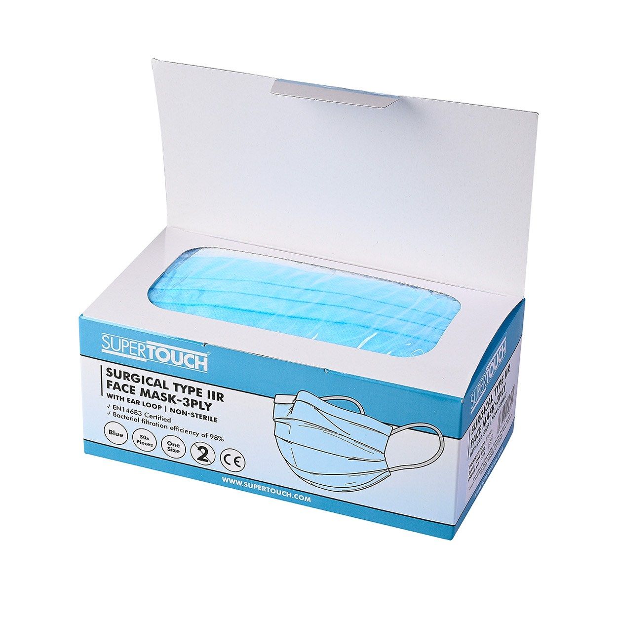 Supertouch Type IIR Surgical Face Masks 3 Ply Ear Loop 98% BFE 50 Pack