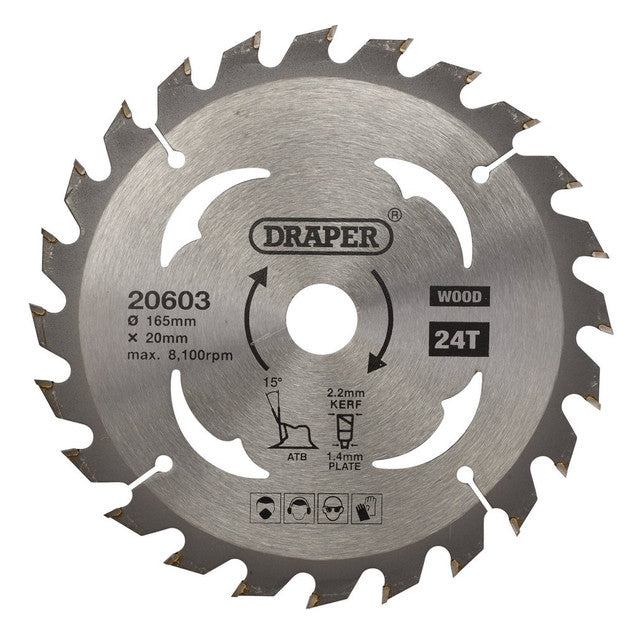 Draper TCT Circular Saw Blade 165mm x 20mm 24T for Wood Cutting Hardwood MDF
