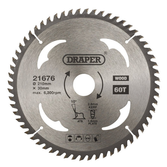 Draper TCT Circular Saw Blade 210mm 30mm Bore 60 Teeth for Wood Cutting