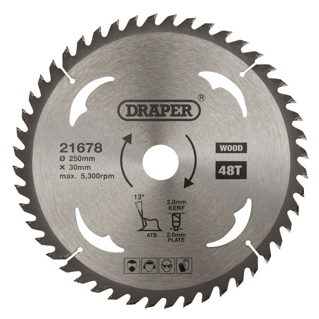 Draper TCT Circular Saw Blade 250mm x 30mm 48 Teeth for Wood Cutting