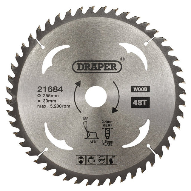 Draper TCT Circular Saw Blade 255mm 30mm Bore 48 Teeth for Wood Cutting
