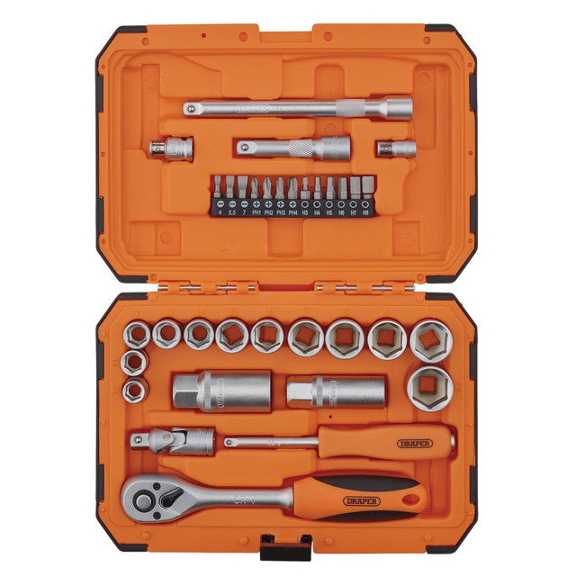 Draper Tools HI-TORQ 34 Piece 1/4" 3/8" Socket Set with Quick-Release Ratchet