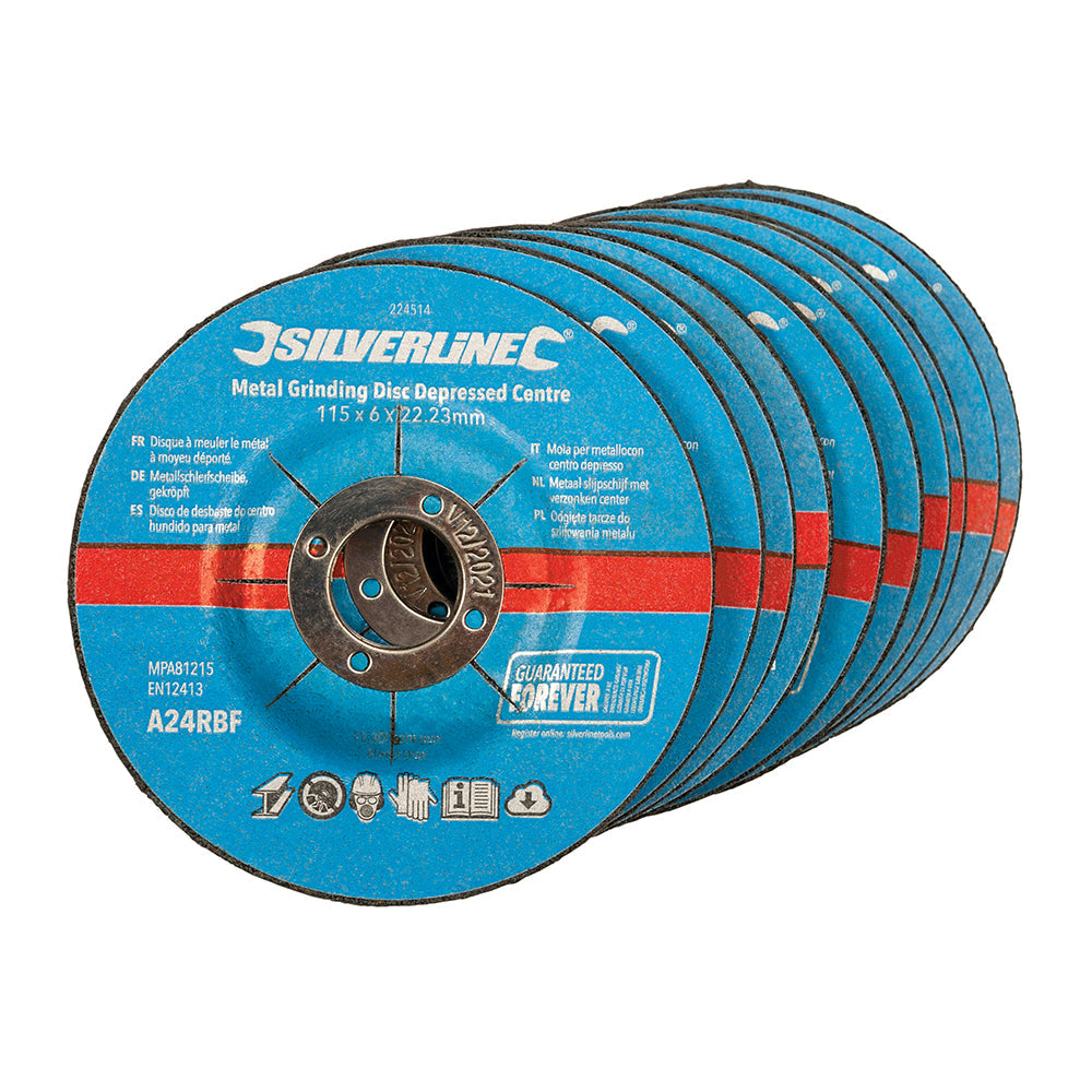 Silverline 10 Pack Metal Grinding Discs Depressed Centre 22.23mm Bore 13,300rpm