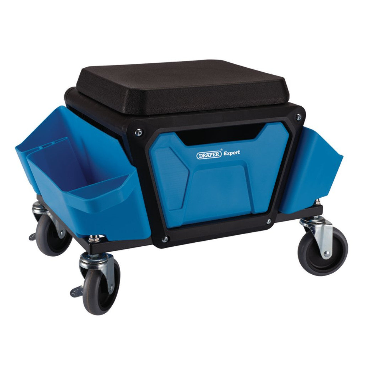 Draper Expert Foam-Padded Work Stool with Storage and Swivel Castors, Blue