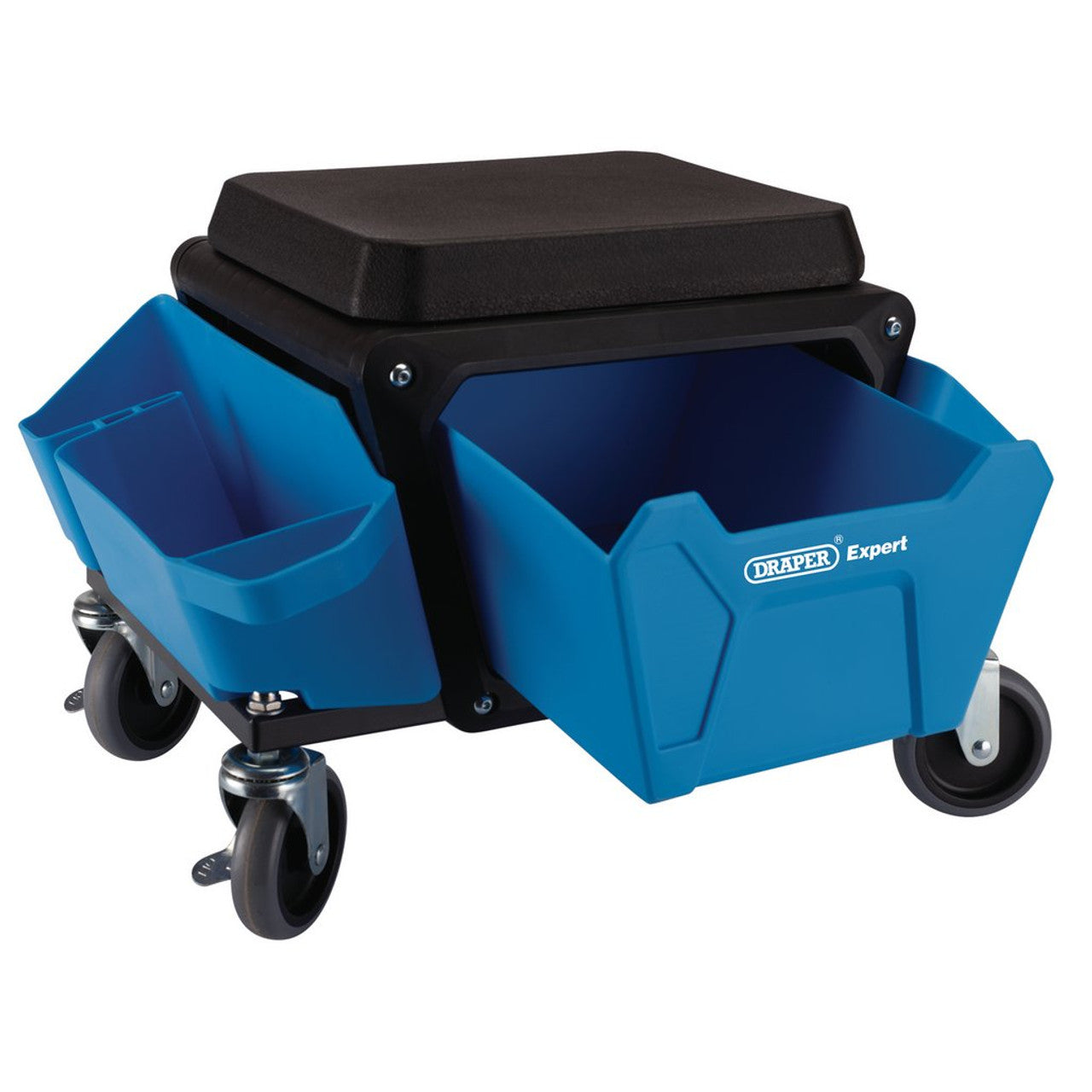 Draper Expert Foam-Padded Work Stool with Storage and Swivel Castors, Blue
