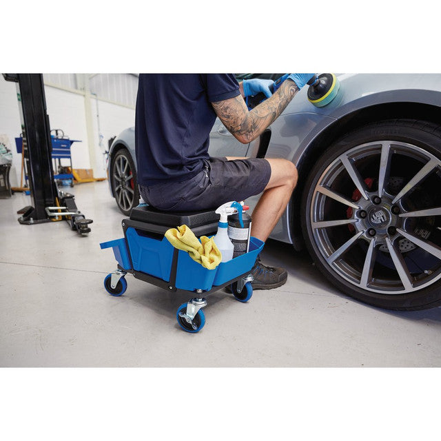 Draper Expert Foam-Padded Work Stool with Storage and Swivel Castors, Blue