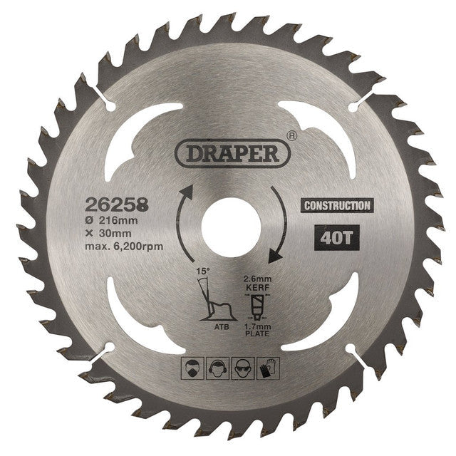 Draper TCT Circular Saw Blade 216mm 30mm Bore 40 Teeth for Wood MDF Chipboard