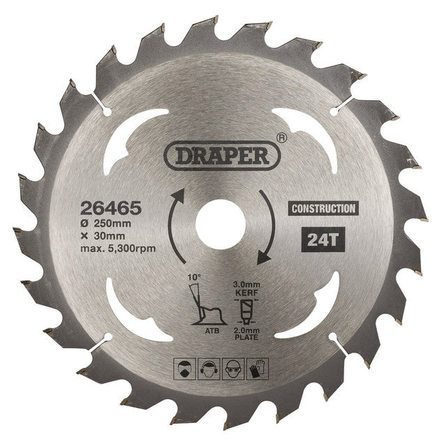 Draper TCT Circular Saw Blade 250mm 30mm Bore 24 Teeth for Wood & Composites