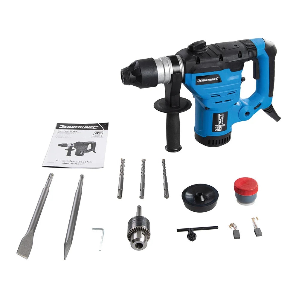 Silverline 1500W SDS Plus Drill 5.5J Impact Energy Variable Speed with Chisels