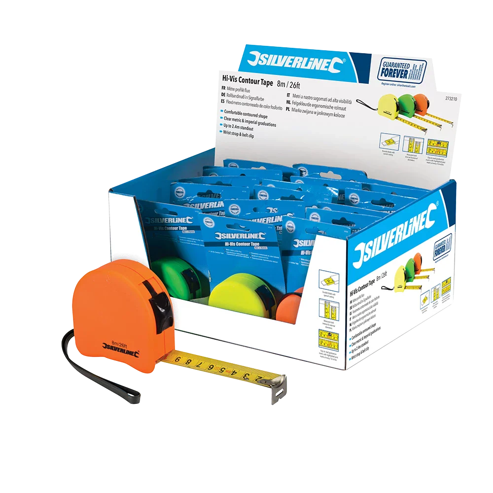 Silverline Hi-Vis Contour Tape Measure 18pce 8m/26ft x 25mm with Clips