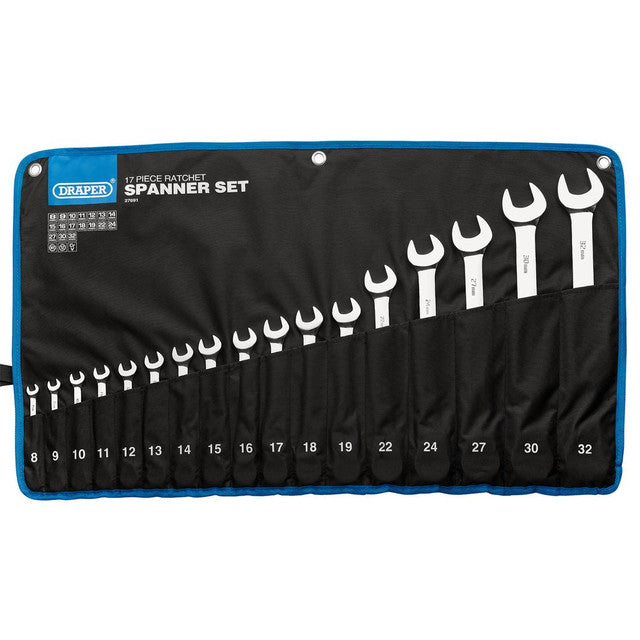 Draper HI-TORQ Metric Ratchet Combination Spanner Set 17 Piece Chrome Vanadium
