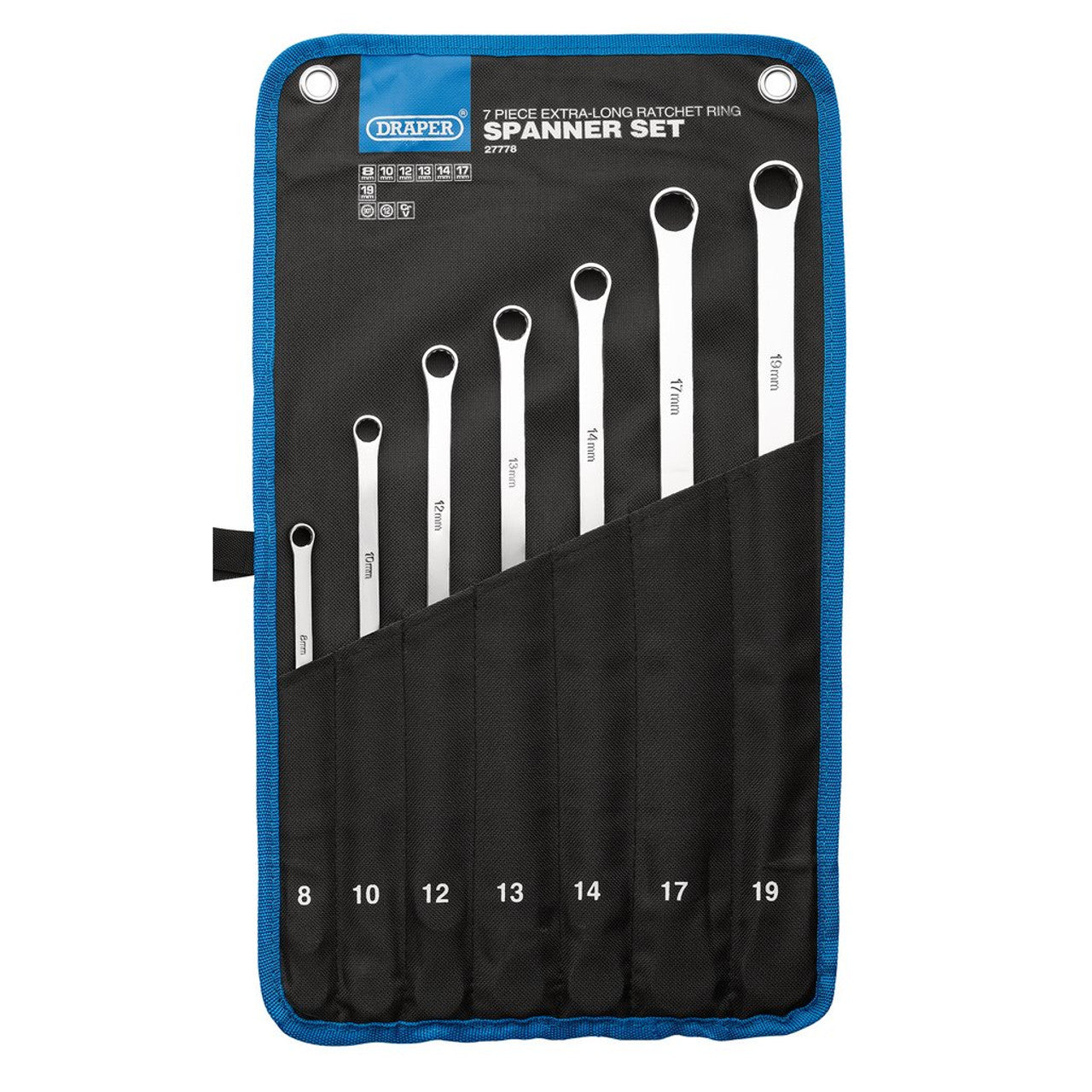 Draper Tools HI-TORQ Metric Extra-Long 7 Piece Double Ring Ratchet Spanner Set