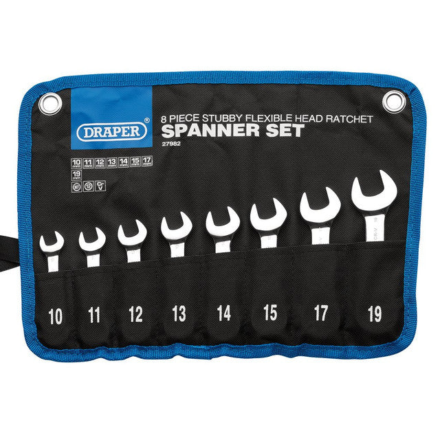 Draper HI-TORQ Metric Stubby Flexible Head Ratchet Spanner Set 8 Piece