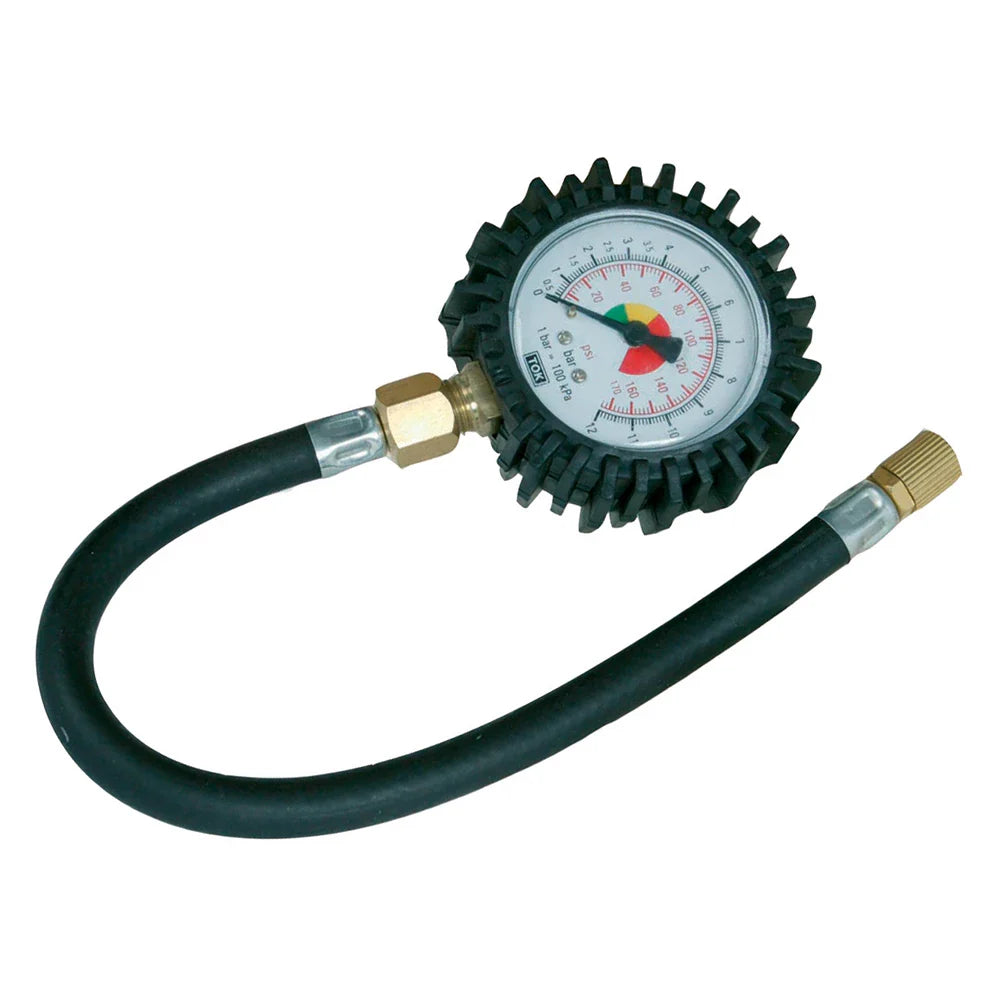 Silverline Tyre Dial Gauge 0-100psi 0-10bar Dual Reading Flexible Hose 280mm