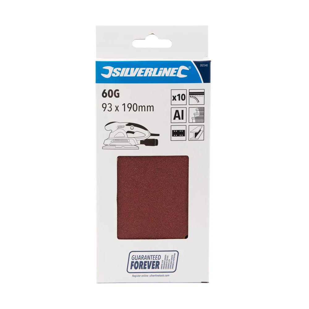 Silverline 10 Pack Hook & Loop 1/3 Sanding Sheets 60 Grit Punched 93x190mm