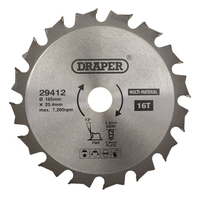 Draper Tools TCT Circular Saw Blade 185mm 16T for Wood Metal Plastic Cutting