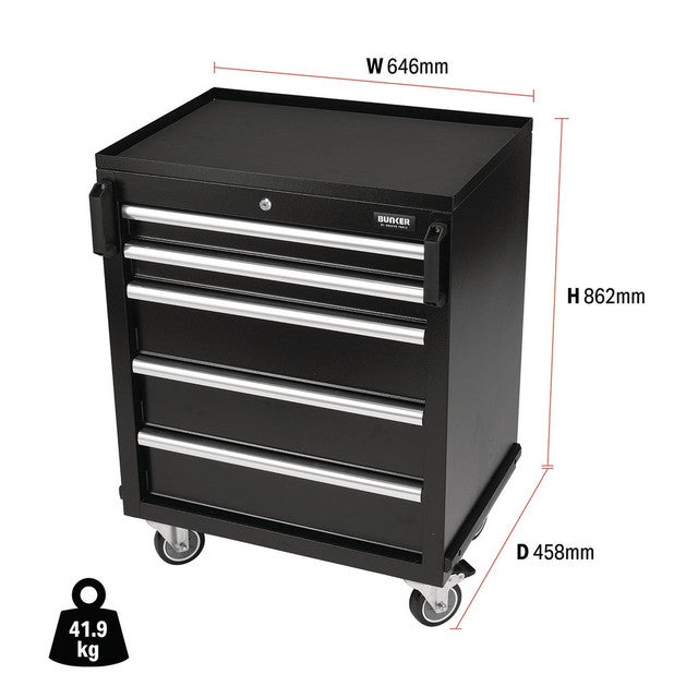 Draper Tools Bunker Mobile Cabinet 5 Drawer Steel 646mm Soft-Close Black