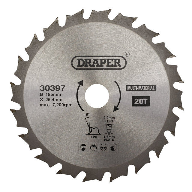 Draper Tools 185mm TCT Circular Saw Blade 25.4mm Bore 20 Teeth Multi-Purpose