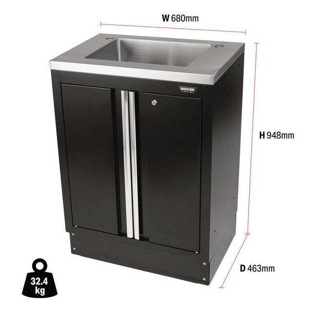 Draper Tools Bunker Modular Floor Cabinet with Sink 2 Doors 680mm Black