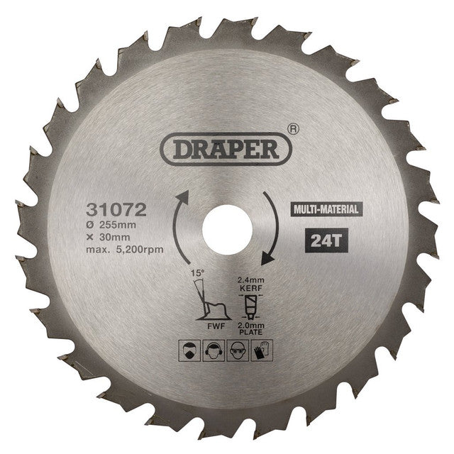 Draper Tools 255mm TCT Circular Saw Blade 24T for Wood Metal Plastic Cutting