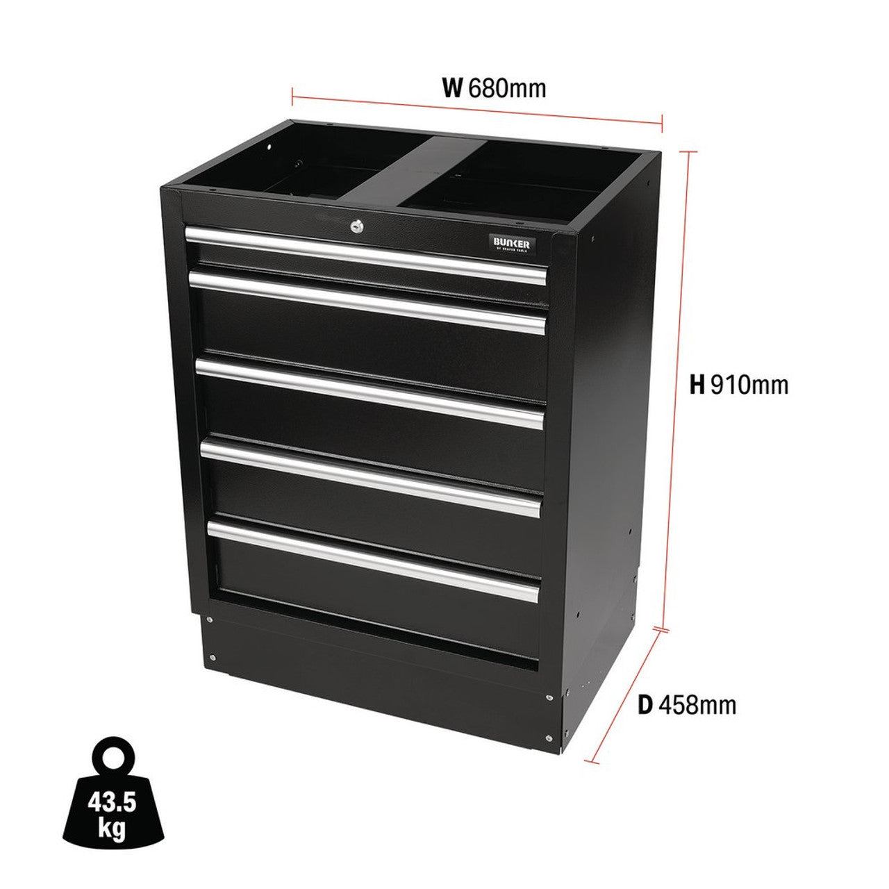 Draper Tools Bunker Modular Floor Cabinet 5 Drawer Steel Matt Black 680mm