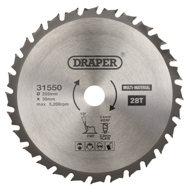 Draper Tools 255mm TCT Circular Saw Blade 30mm Bore 28 Teeth Multi-Purpose