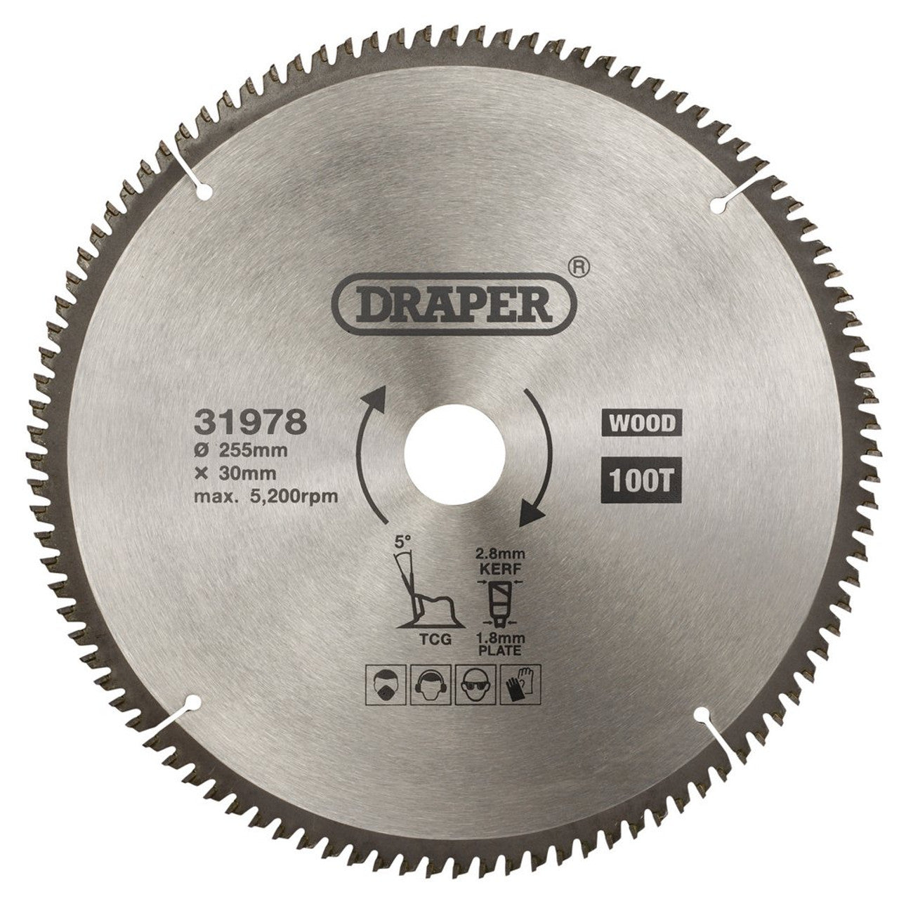 Draper TCT Circular Saw Blade 255mm 30mm Bore 100 Teeth Triple Chip Grind