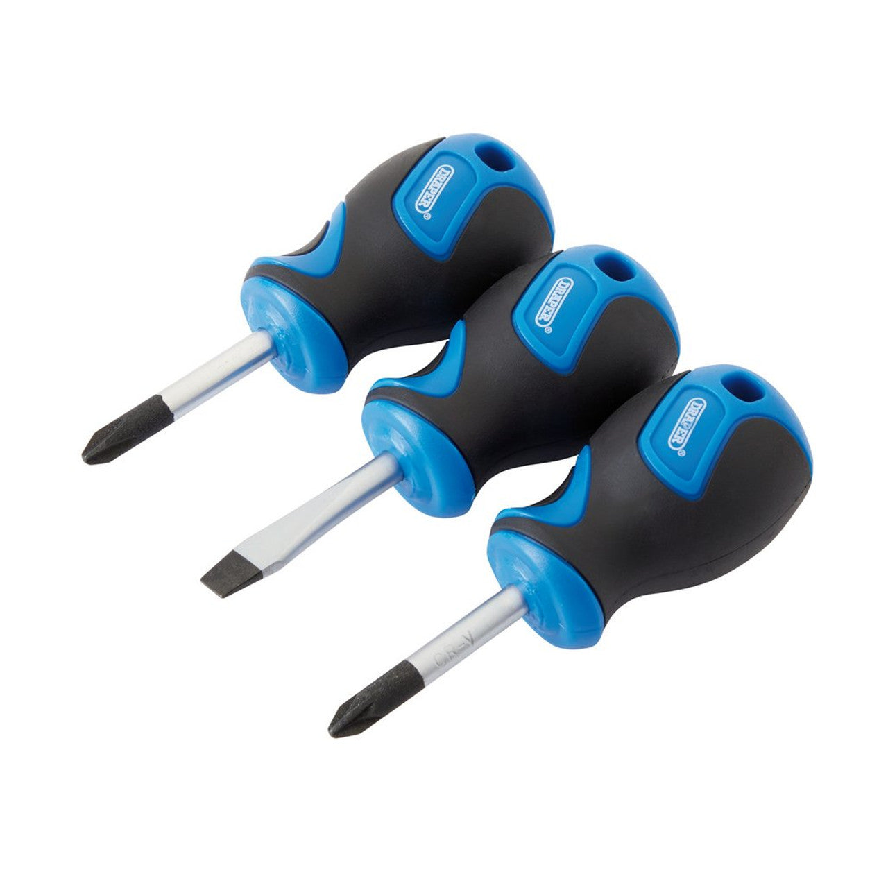 Draper Tools Stubby Screwdriver Set 3 Piece Soft Grip Chrome Vanadium Steel