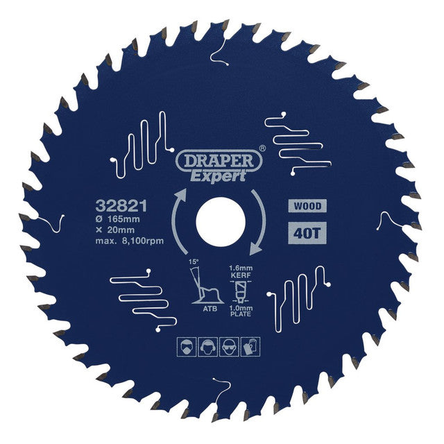 Draper Tools 165mm TCT Circular Saw Blade 40T PTFE Coated for Wood Cutting