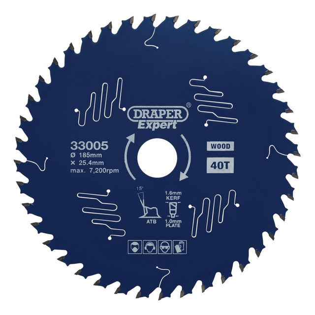 Draper Tools 185mm TCT Circular Saw Blade 40T with PTFE Coating for Wood