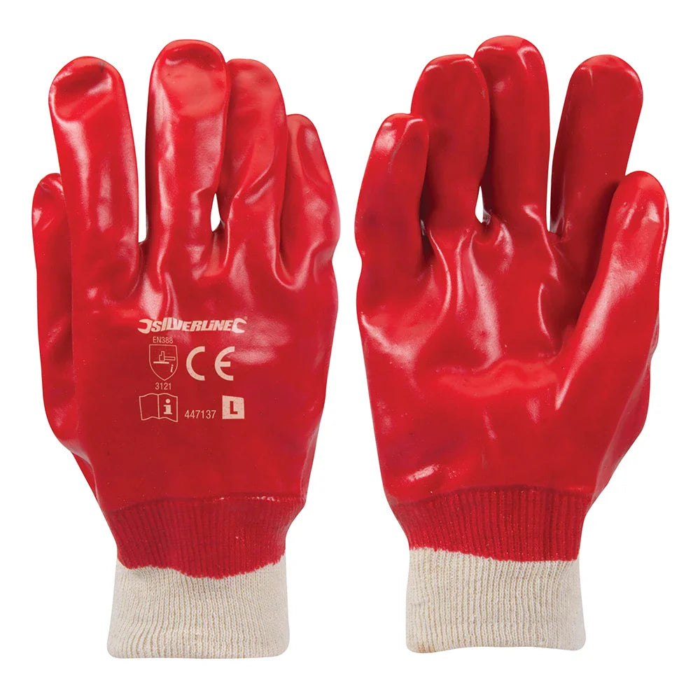 Silverline Heavy Duty Red PVC Gloves Abrasion Resistant Grease Oil Repellent