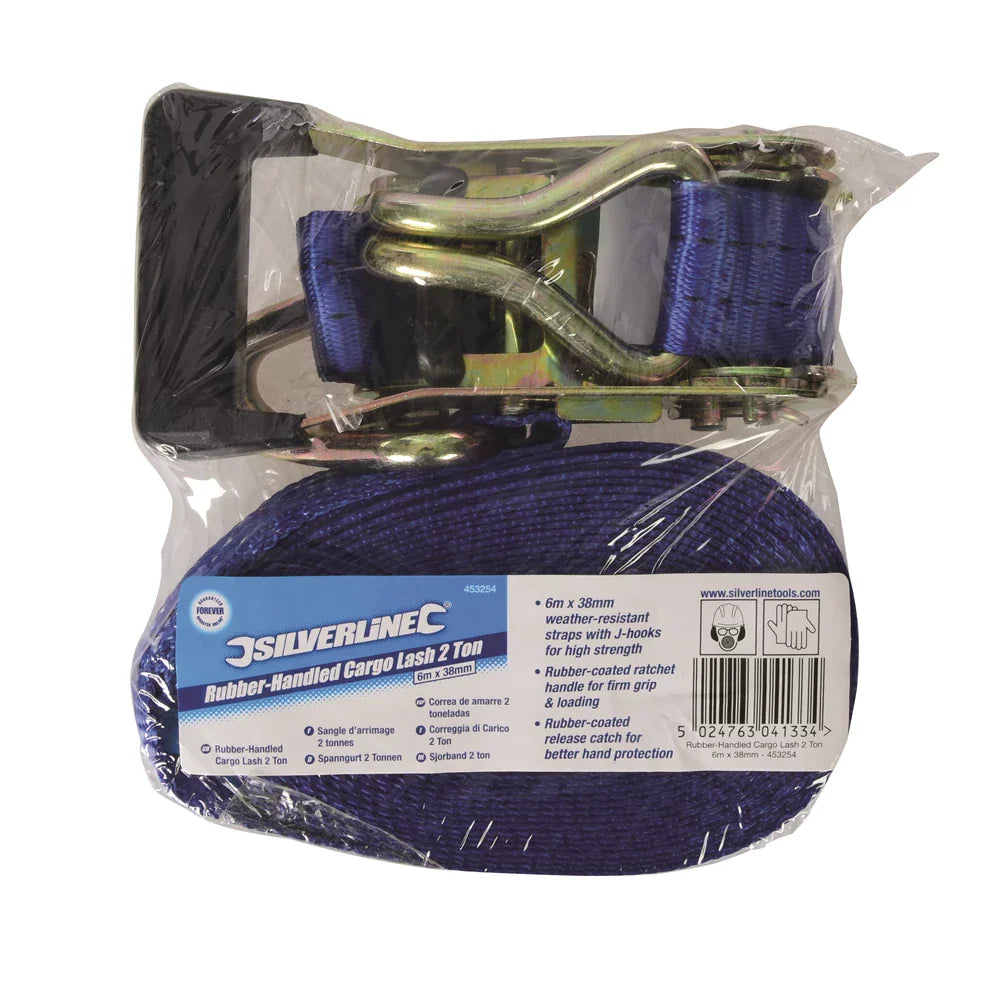 Silverline 6m Ratchet Tie Down Strap J-Hook 750kg Capacity 1500kg Heavy Duty