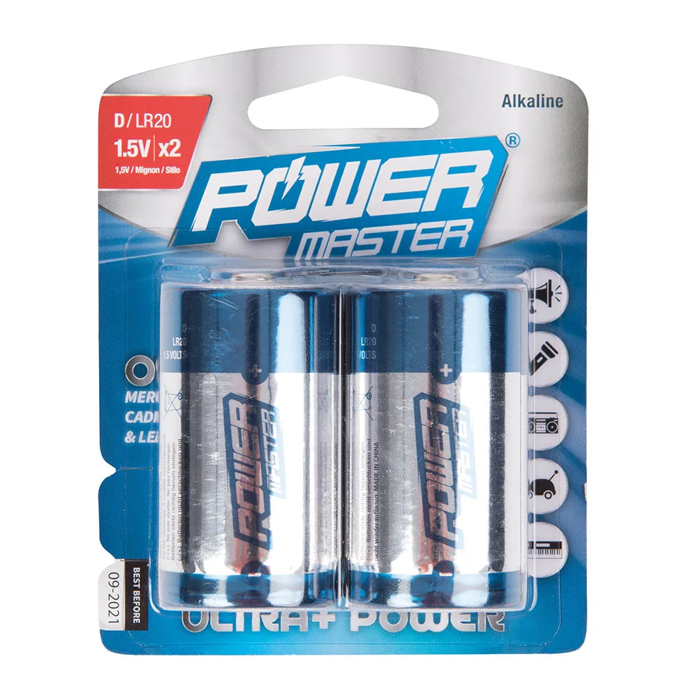 Powermaster D-Type Super Alkaline Batteries LR20 2 Pack 1.5V 14500mAh