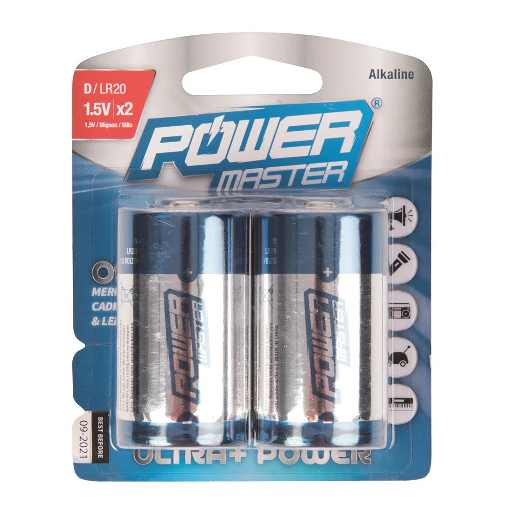 Powermaster D-Type Super Alkaline Batteries LR20 2 Pack 1.5V 14500mAh