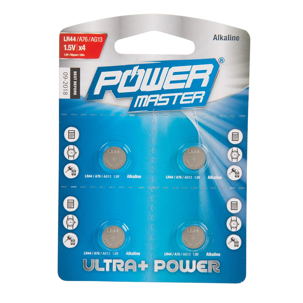Powermaster LR44 Alkaline Button Cell Battery 4 Pack 1.5V for Cameras Toys
