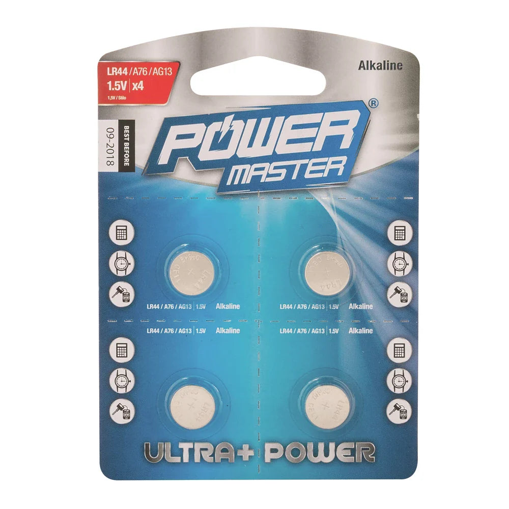 Powermaster LR44 Alkaline Button Cell Battery 4 Pack 1.5V for Cameras Toys