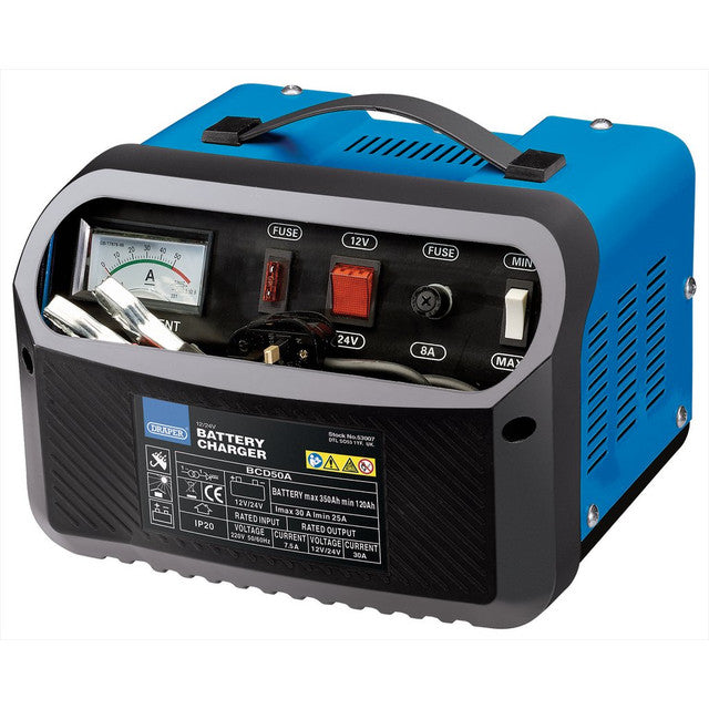 Draper Tools 12/24V Battery Charger 120-350A with Carry Handle & Cable Storage