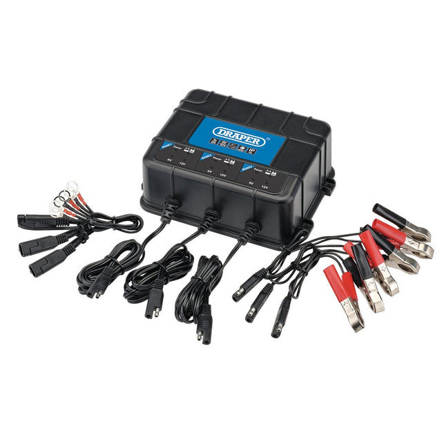 Draper Tools 6V/12V 3 Bank Smart Battery Charger Station with IP65 Protection