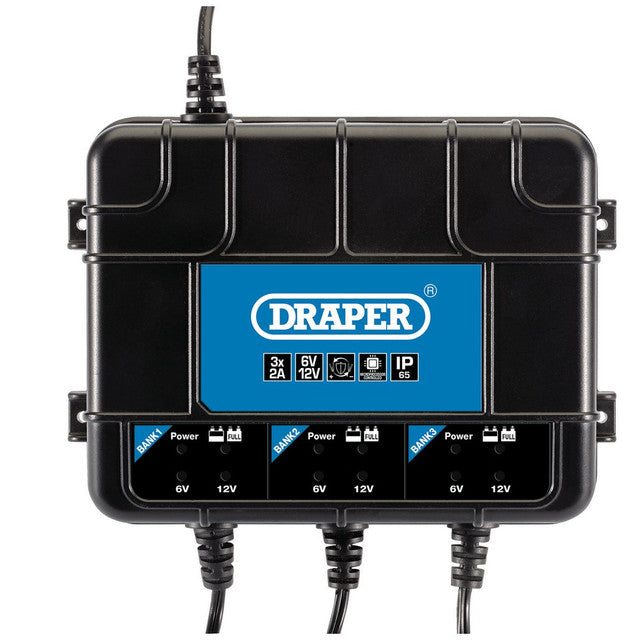 Draper Tools 6V/12V 3 Bank Smart Battery Charger Station with IP65 Protection