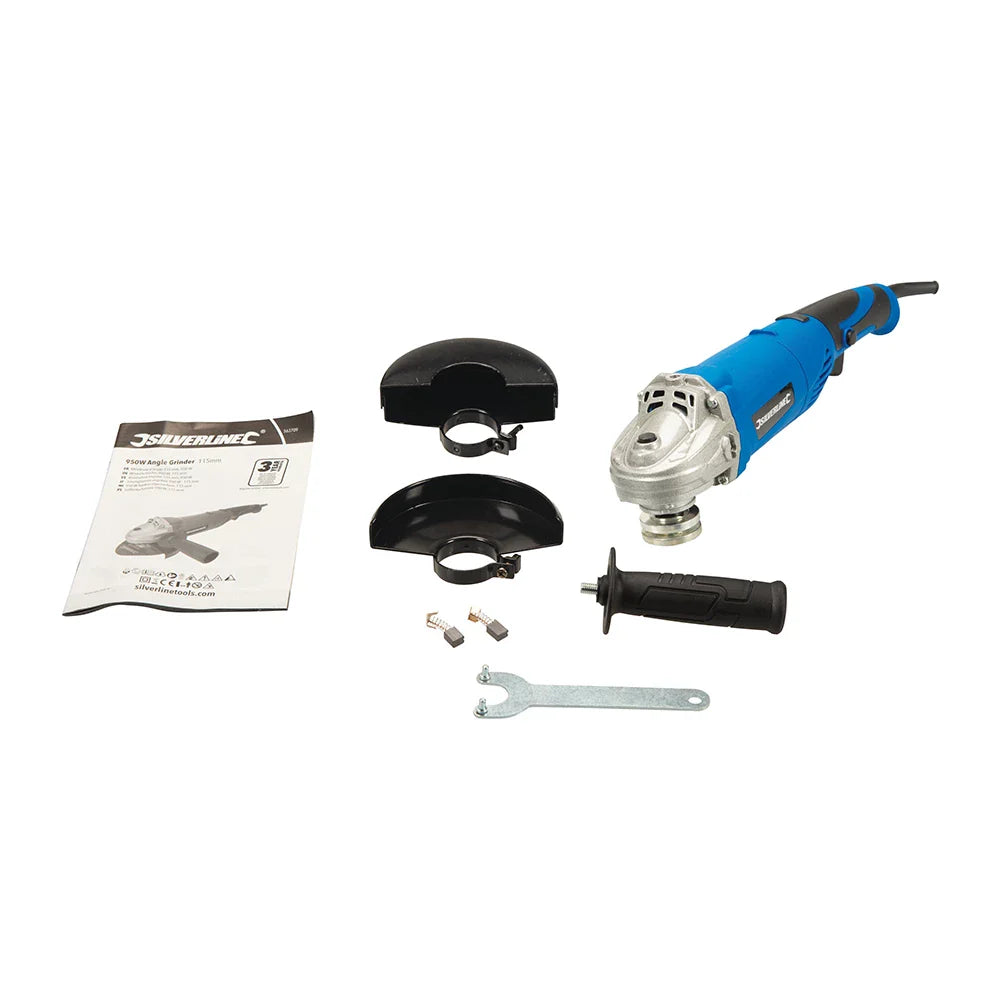Silverline 950W Angle Grinder 115mm with 3-Position Handle & Guards