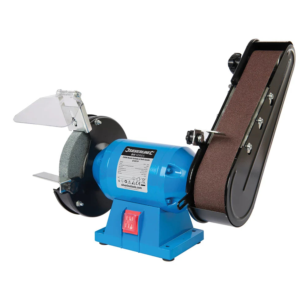 Silverline 240W Bench Grinder & Belt S&er 150mm with Tool Rests & Accessories
