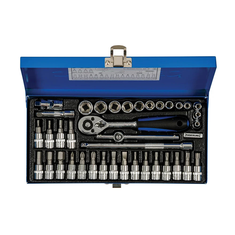 Silverline 38 Piece Socket Wrench Set 1/4" Drive Metric + Ratchet & Extensions