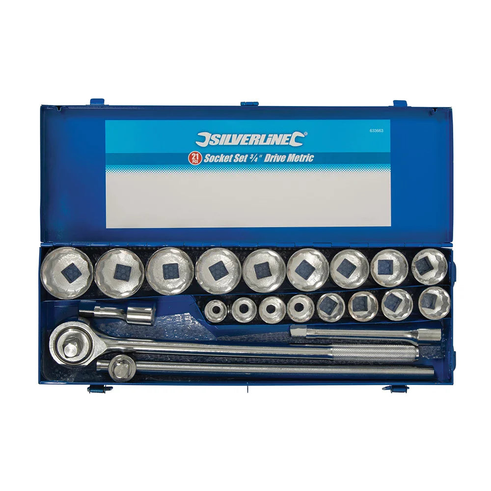 Silverline 3/4" Drive Metric Socket Set 21 Piece with Ratchet and Extensions