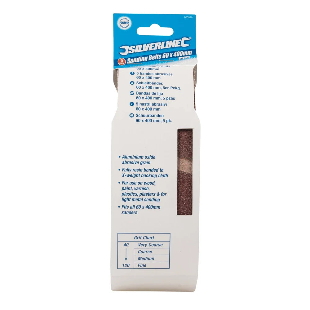 Silverline 60x400mm Sanding Belts 80 Grit 5 Pack Aluminium Oxide for Wood Metal