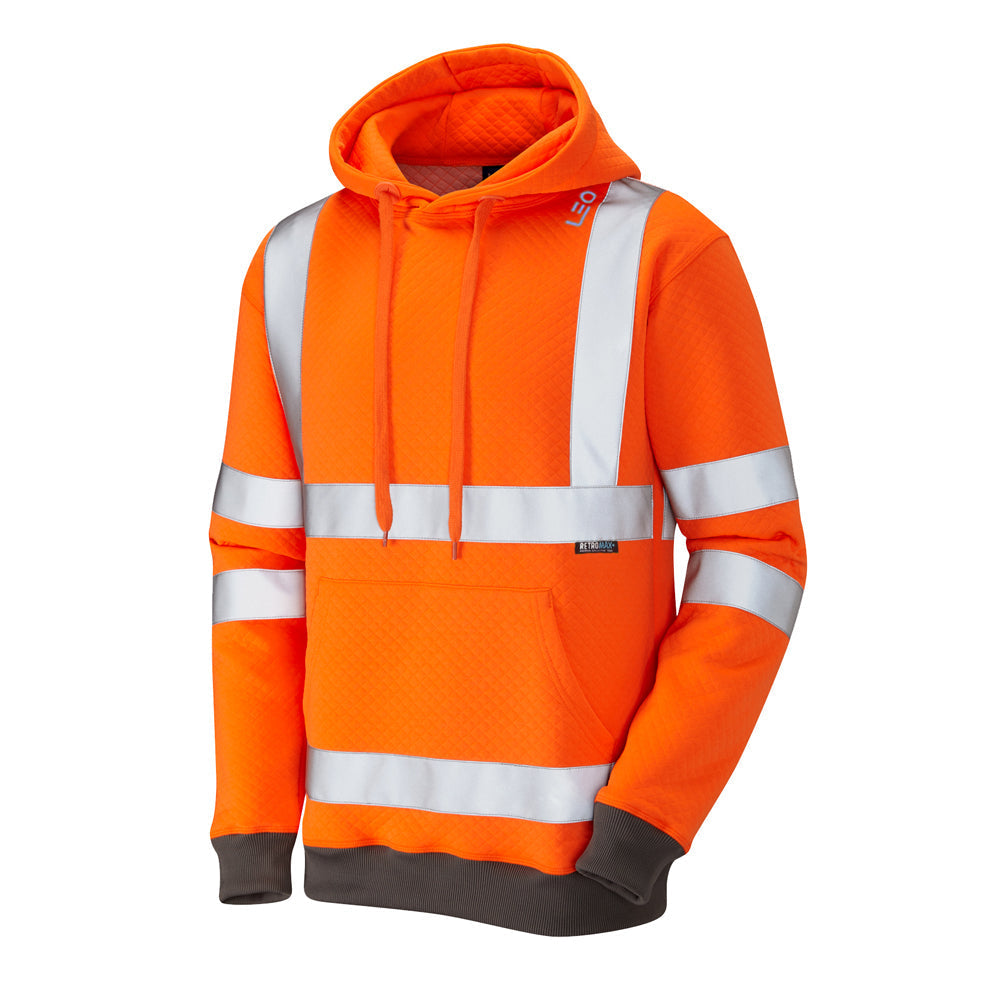 Leo Workwear EcoViz Hooded Sweatshirt Ribbed Cuffs Reflective Tape 50 Washes