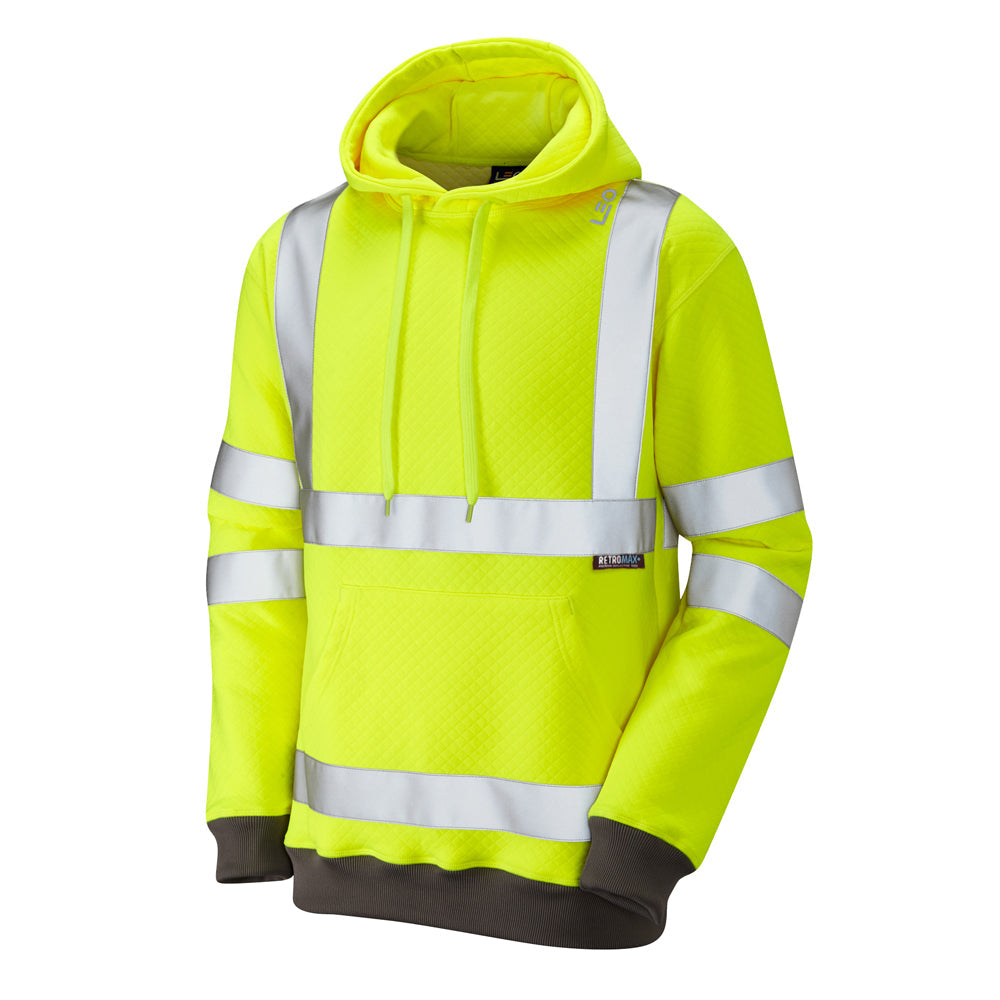 Leo Workwear EcoViz Hooded Sweatshirt Ribbed Cuffs Reflective Tape 50 Washes