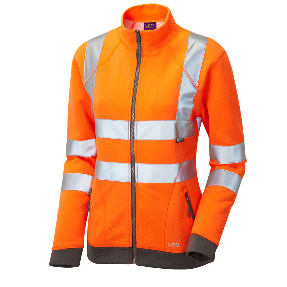 Leo Workwear EcoViz Womens Zipped Sweatshirt Hi-Vis Orange Reflective Tape