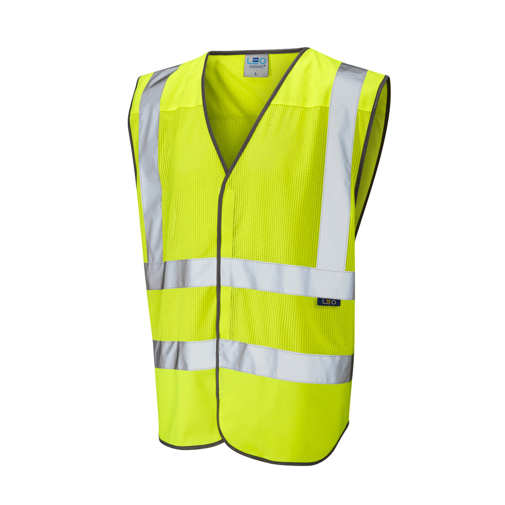 Leo Workwear EcoViz Mesh Waistcoat Recycled Fabric Deep Armholes Scooped Sides