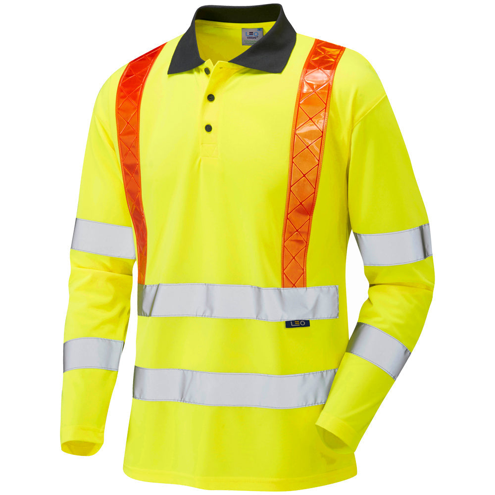 Leo Workwear EcoViz Performance Polo Shirt Red UPF 40+ Reflective Tape